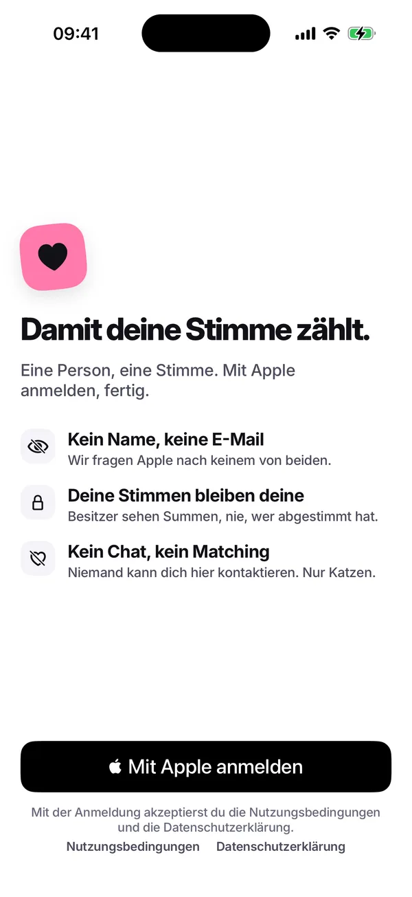 Der Anmelde-Screen «Damit deine Stimme zählt.» mit drei Versprechen: kein Name, keine E-Mail; deine Stimmen bleiben deine; kein Chat, kein Matching. Darunter der Button «Mit Apple anmelden».