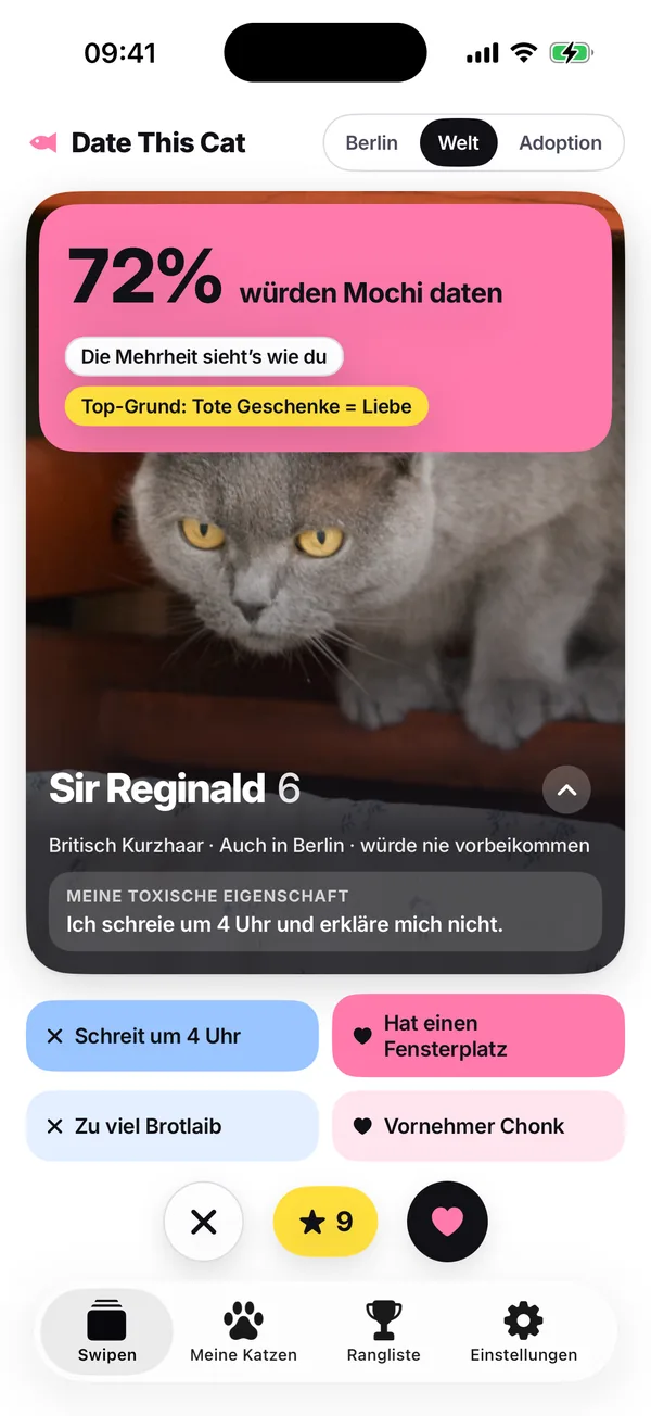 Ein pinkes Urteil der Mehrheit, «72% würden Mochi daten. Die Mehrheit sieht’s wie du. Top-Grund: Tote Geschenke = Liebe», über der nächsten Karte.