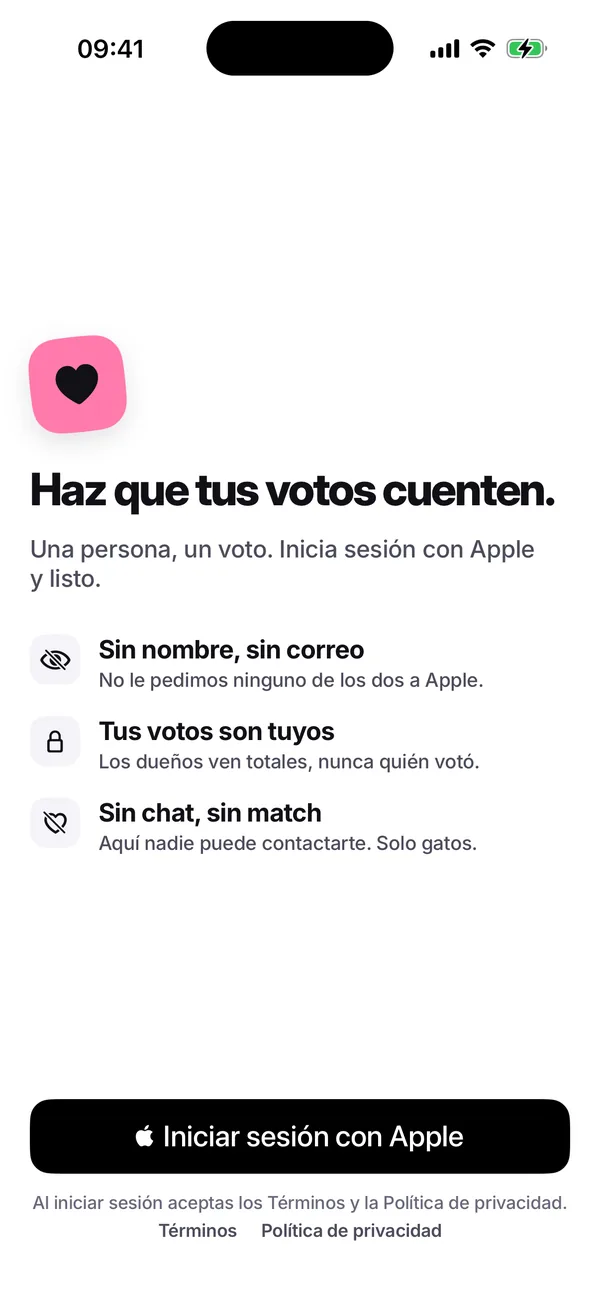 La pantalla de inicio de sesión, “Haz que tus votos cuenten.”, con tres promesas: sin nombre, sin correo; tus votos son tuyos; sin chat, sin match. Debajo, el botón “Iniciar sesión con Apple”.