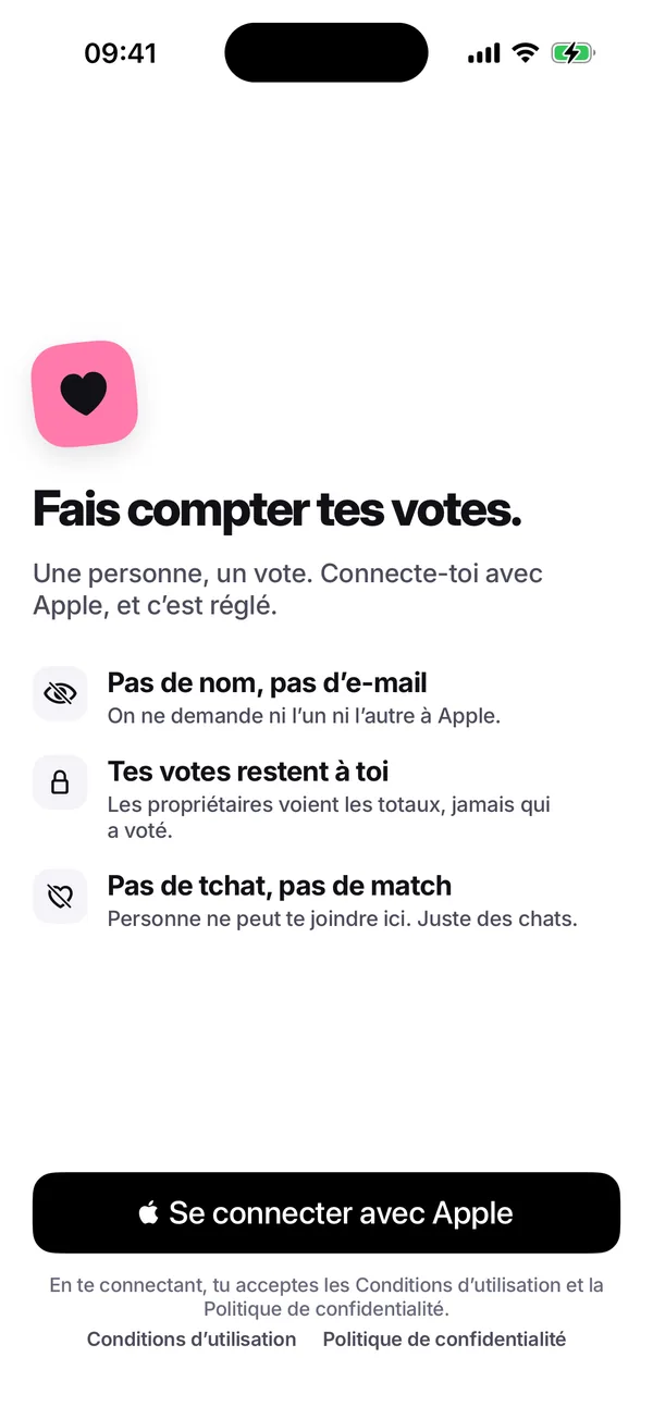 L’écran de connexion, « Fais compter tes votes. », avec trois promesses : pas de nom, pas d’e-mail ; tes votes restent à toi ; pas de tchat, pas de match. En dessous, un bouton « Se connecter avec Apple ».