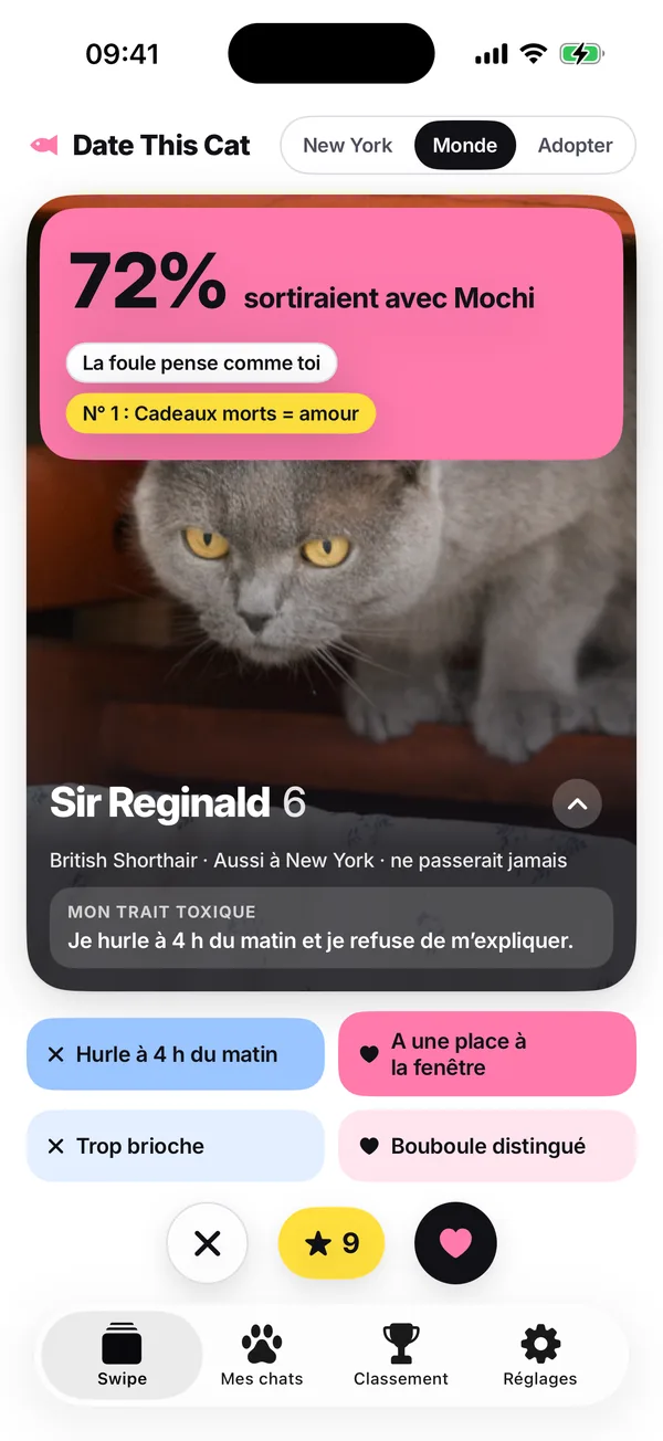 Un verdict rose de la foule, « 72 % sortiraient avec Mochi. La foule pense comme toi. Raison n° 1 : Cadeaux morts = amour », au-dessus de la carte suivante.