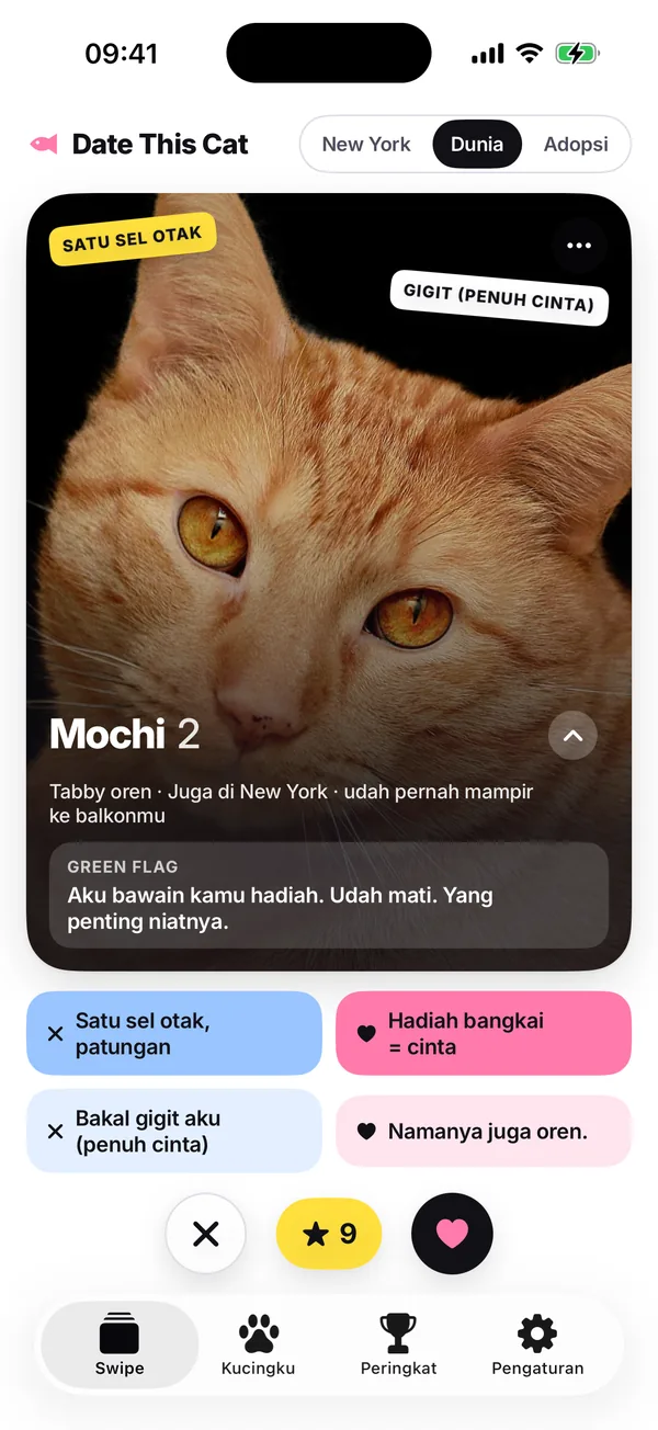 Tumpukan swipe: Mochi, kucing oren belang, dengan empat tombol alasan di bawah kartu dan tombol nggak, Super Meong, dan mau.