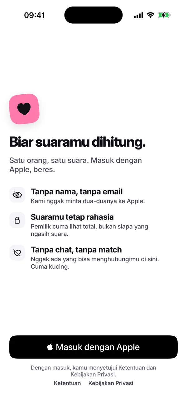 Layar masuk, “Bikin suaramu berarti.”, dengan tiga janji: tanpa nama, tanpa email; suaramu tetap milikmu; tanpa chat, tanpa match. Di bawahnya, tombol “Masuk dengan Apple”.