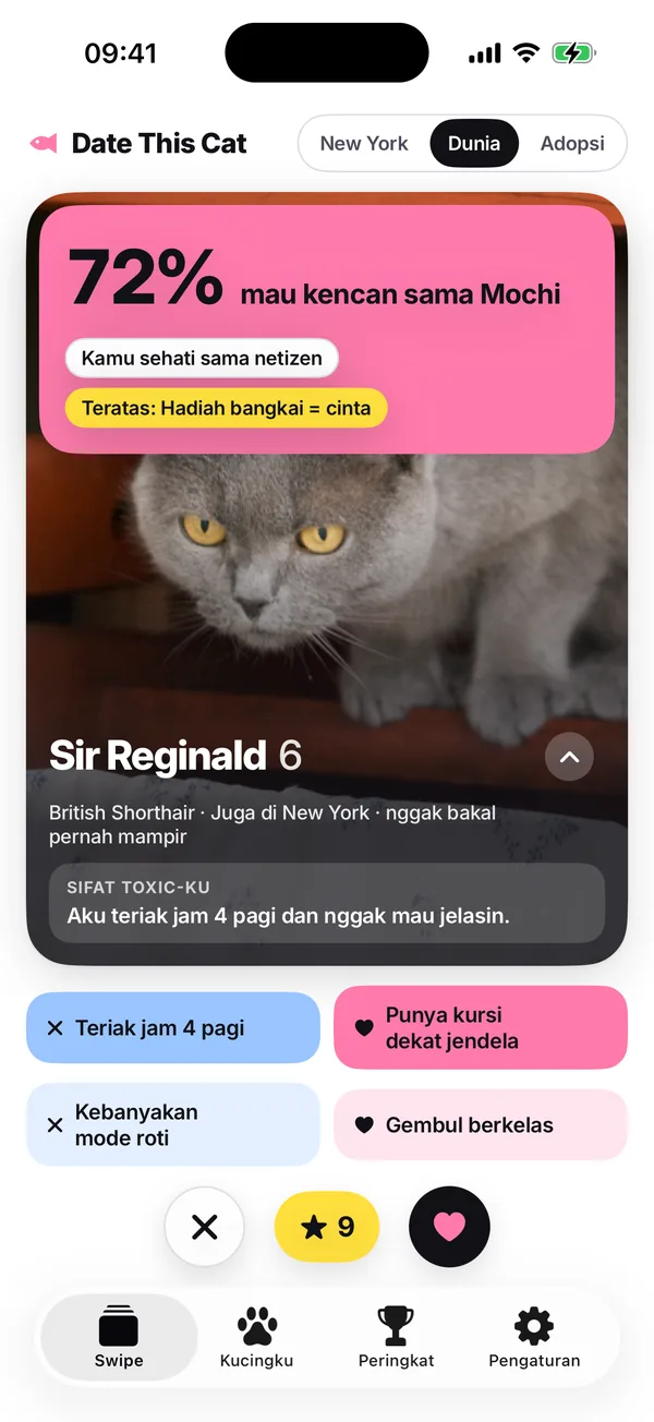 Vonis mayoritas berwarna pink, “72% mau kencan sama Mochi. Kamu sependapat sama mayoritas. Alasan teratas: Kado bangkai = cinta”, di atas kartu berikutnya.