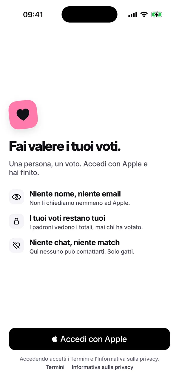 La schermata di accesso, «Fai contare i tuoi voti.», con tre promesse: niente nome, niente email; i tuoi voti restano tuoi; niente chat, niente match. Sotto, il pulsante «Accedi con Apple».