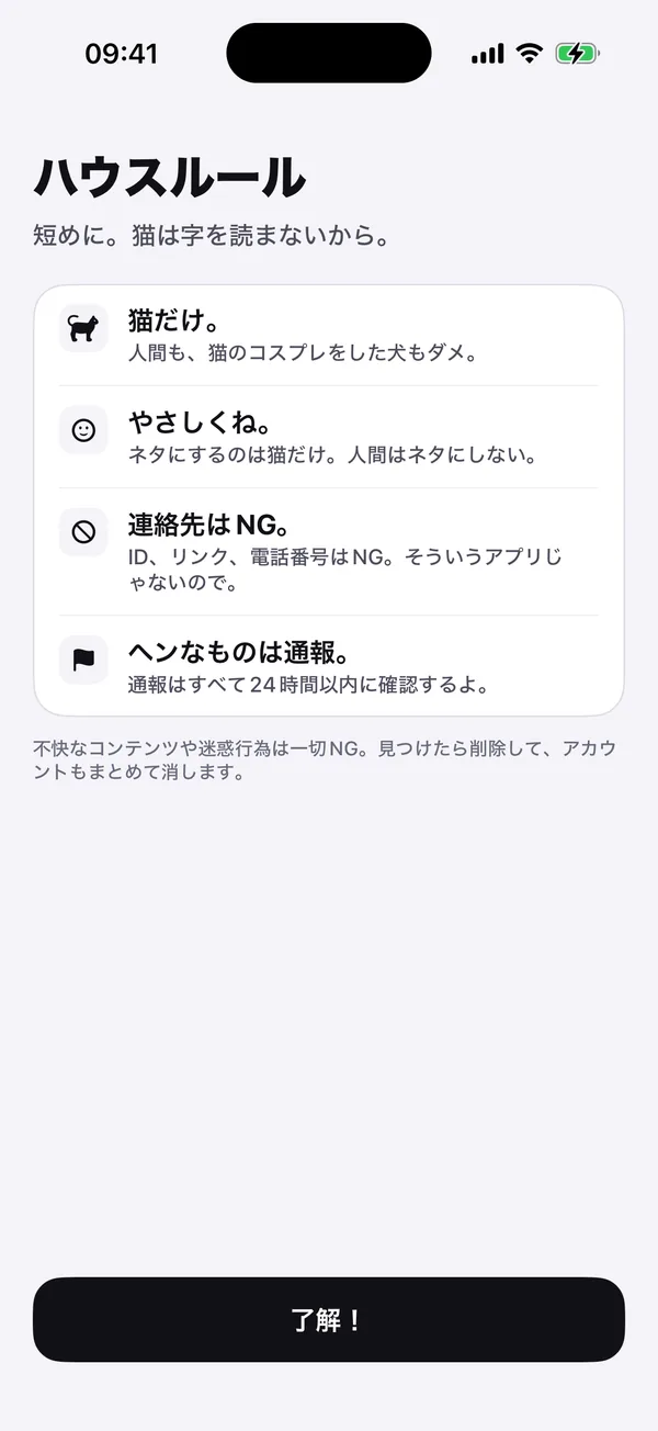 ハウスルールの画面:猫だけ。やさしく。連絡先はNG。変なものは通報。
