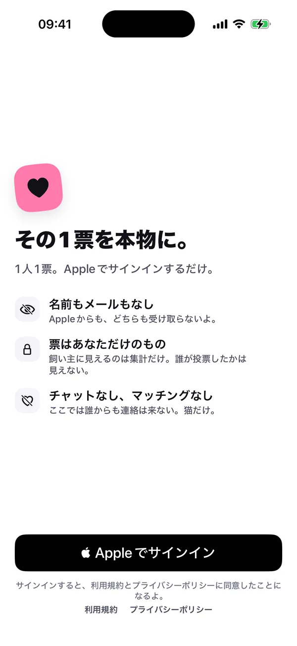 サインイン画面「あなたの1票を、ホンモノに。」。3つの約束:名前もメールも不要、投票はあなただけのもの、チャットもマッチングもなし。その下に「Appleでサインイン」ボタン。