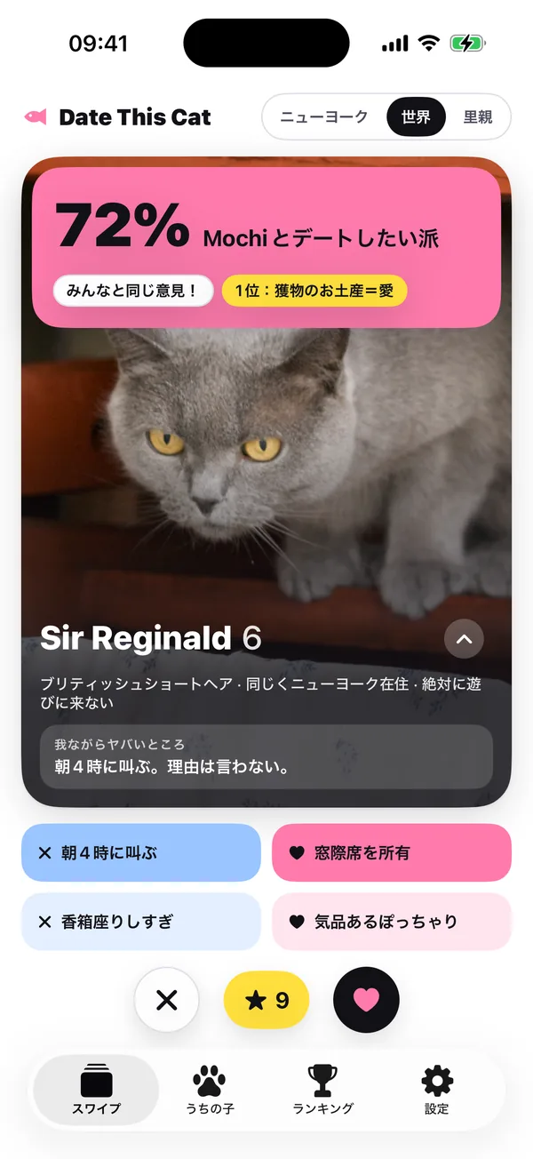 ピンクの「みんなの判定」。「72%がMochiとデートしたい派。みんなと同じ意見。トップの理由:死んだお土産=愛」。後ろには次のカード。