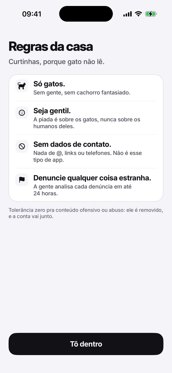A tela das regras da casa: Só gatos. Seja legal. Sem dados de contato. Denuncie qualquer coisa estranha.