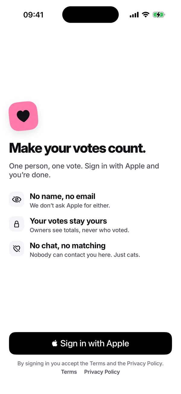 The sign-in screen, “Make your votes count.”, with three promises: no name, no email; your votes stay yours; no chat, no matching. Below, a Sign in with Apple button.